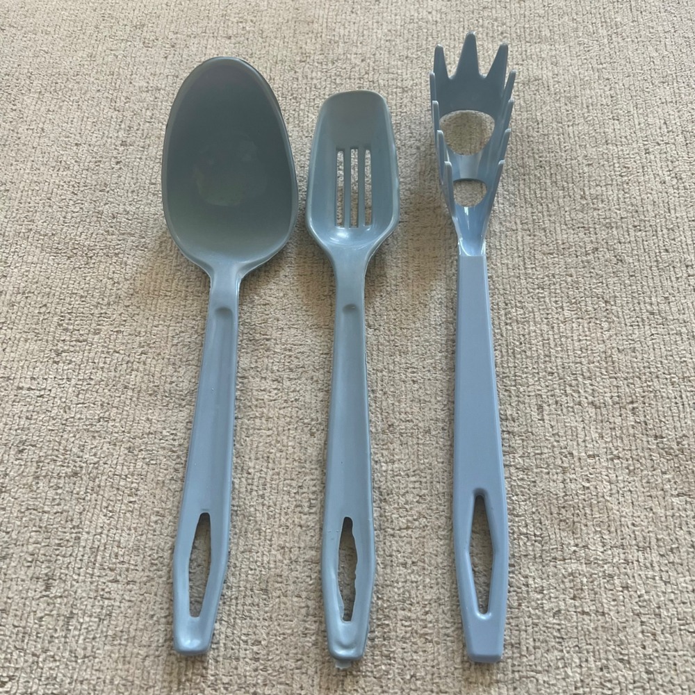 Vtg Tailor Made Products Blue Kitchen Utensil Set 3pc Spoon Slotted Pasta Server